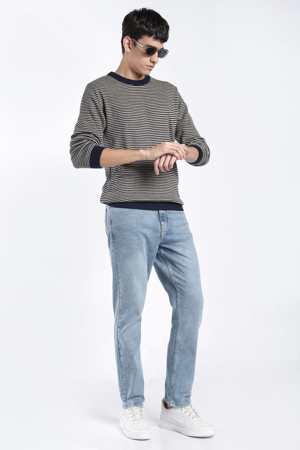 Mens Regular Fit Navy Striped Knit Sweater - Image 6