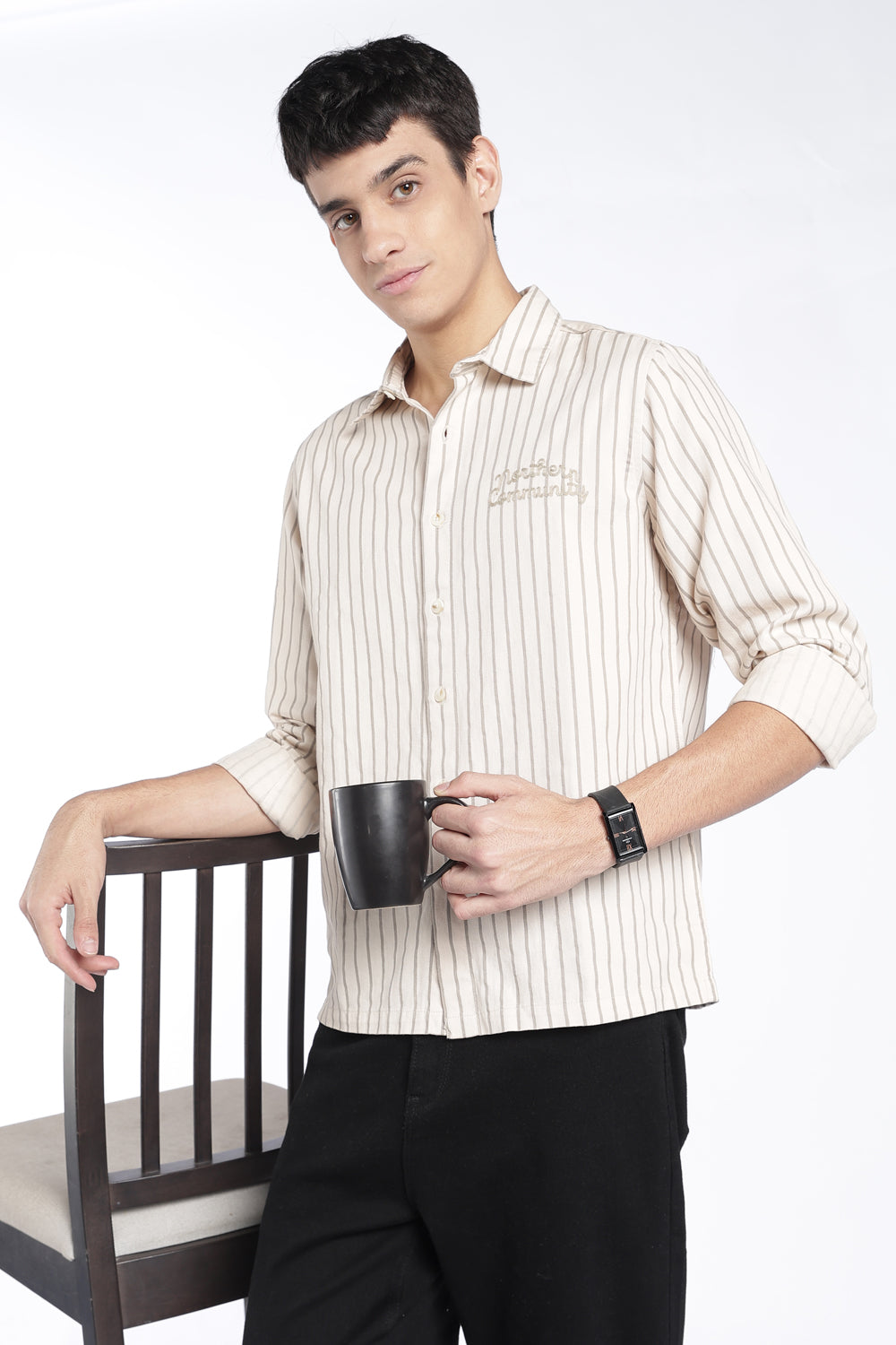Mens Regular Fit Cream Striped Shirt - Image 1