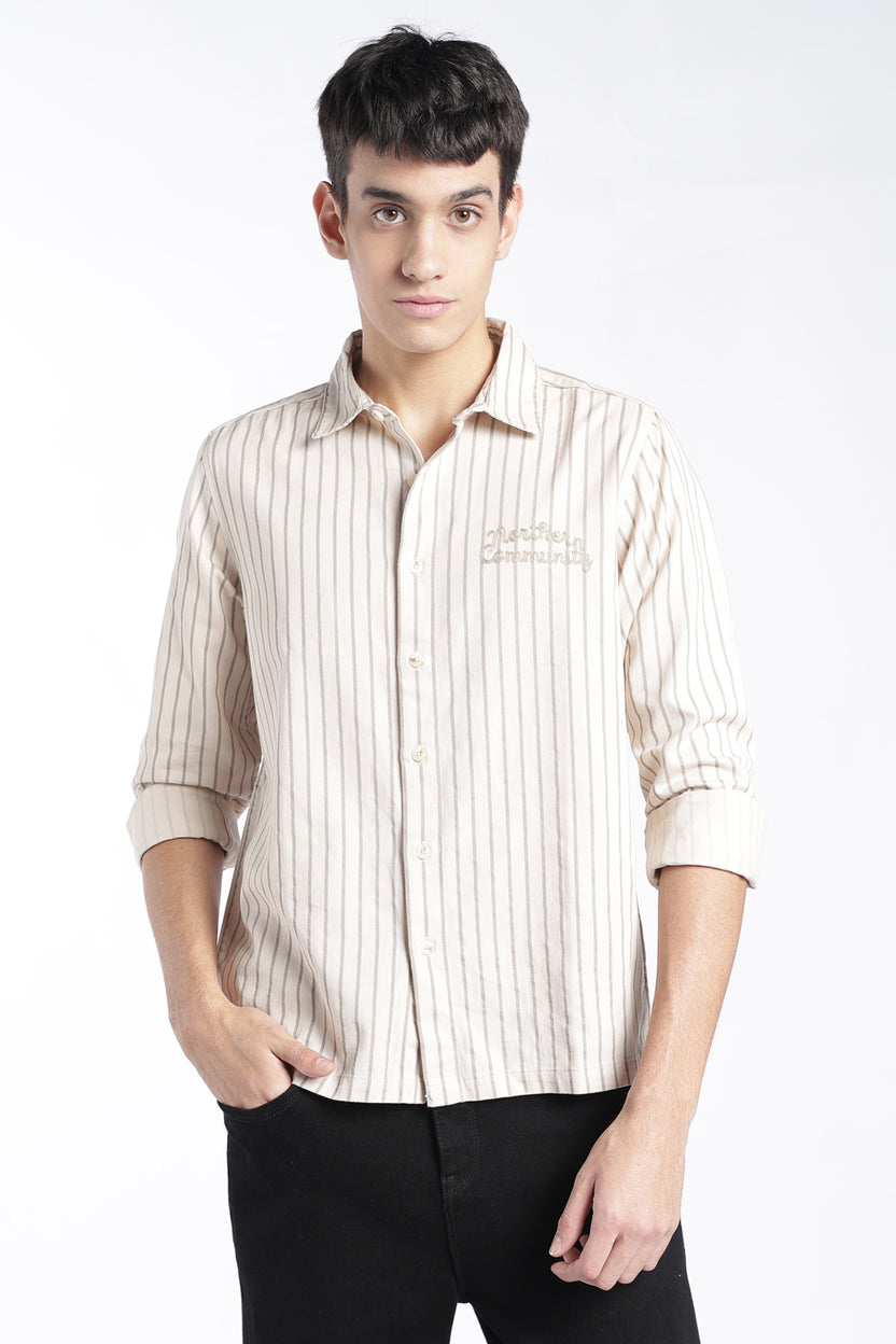 Mens Regular Fit Cream Striped Shirt - Image 2