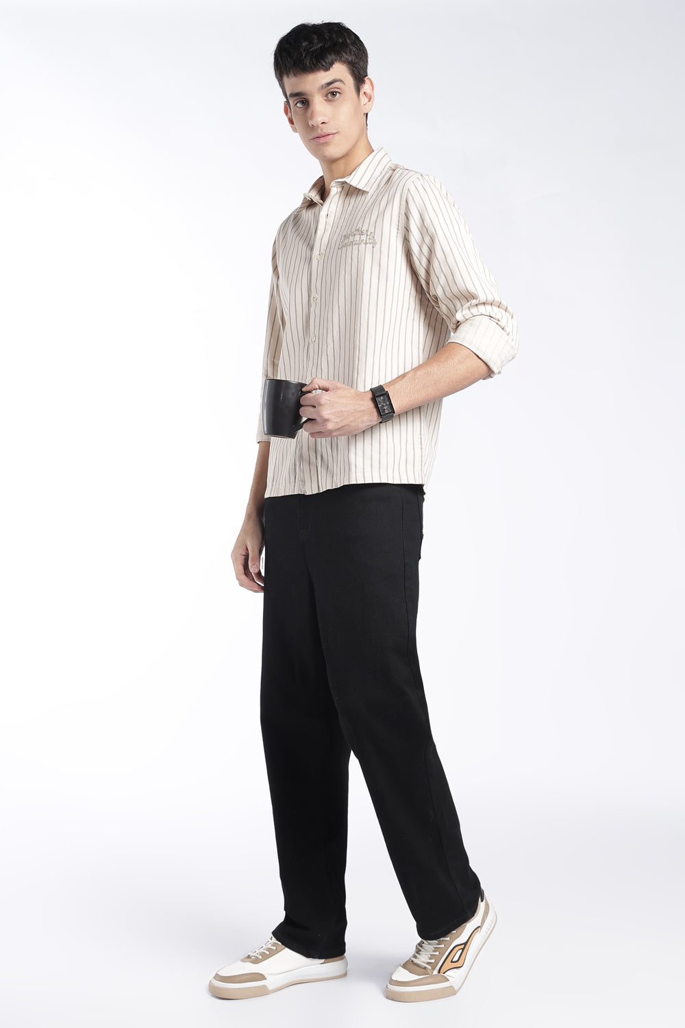 Mens Regular Fit Cream Striped Shirt - Image 6