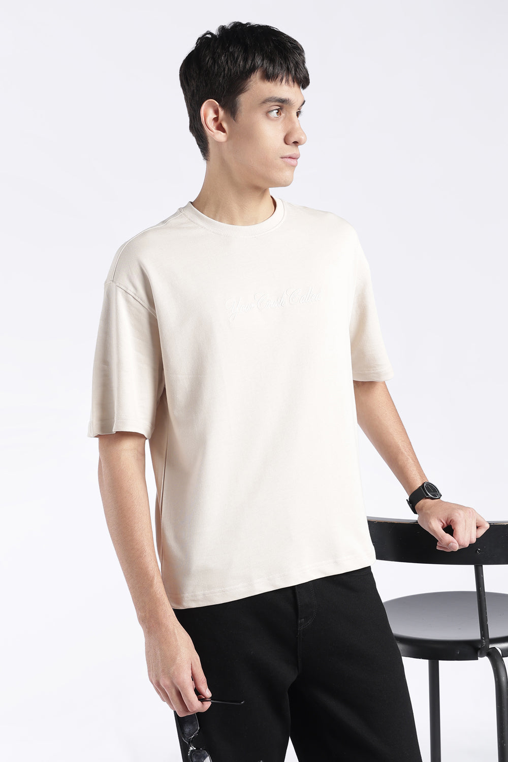 Mens Regular Fit Off White Embroidered T-Shirt - Image 1