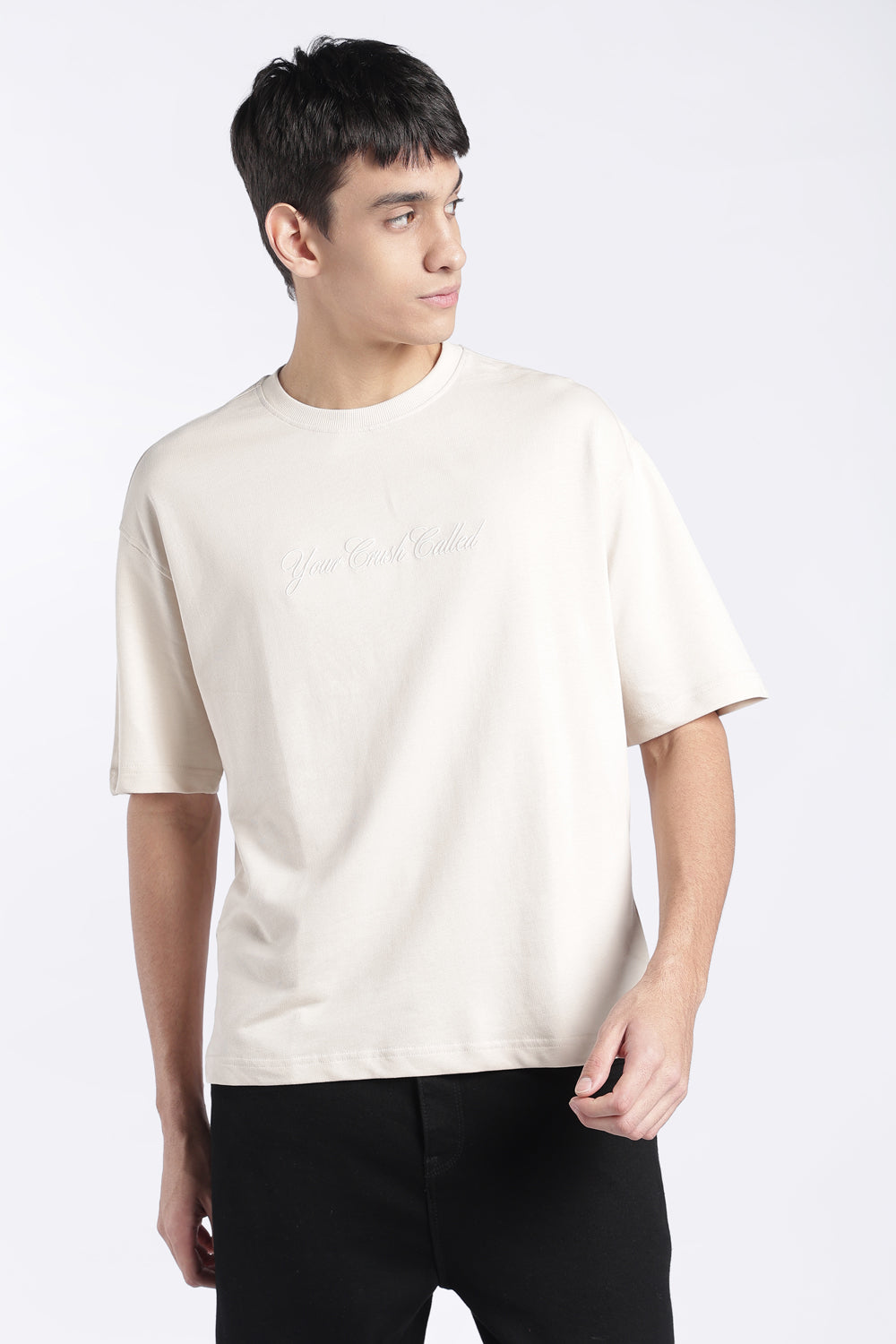 Mens Regular Fit Off White Embroidered T-Shirt - Image 2