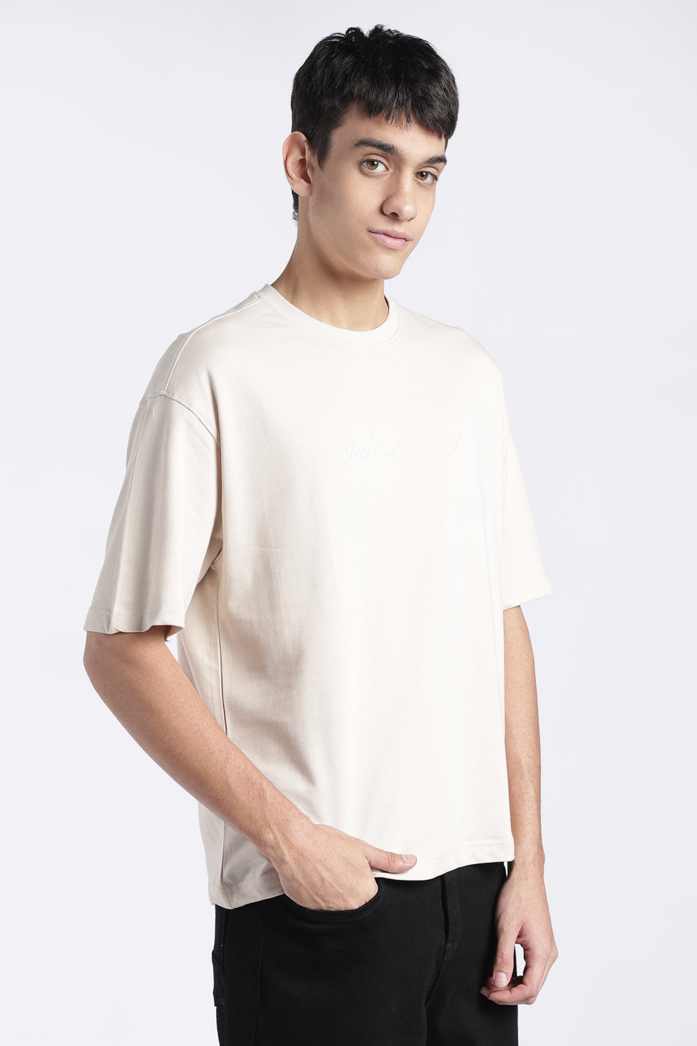 Mens Regular Fit Off White Embroidered T-Shirt - Image 4