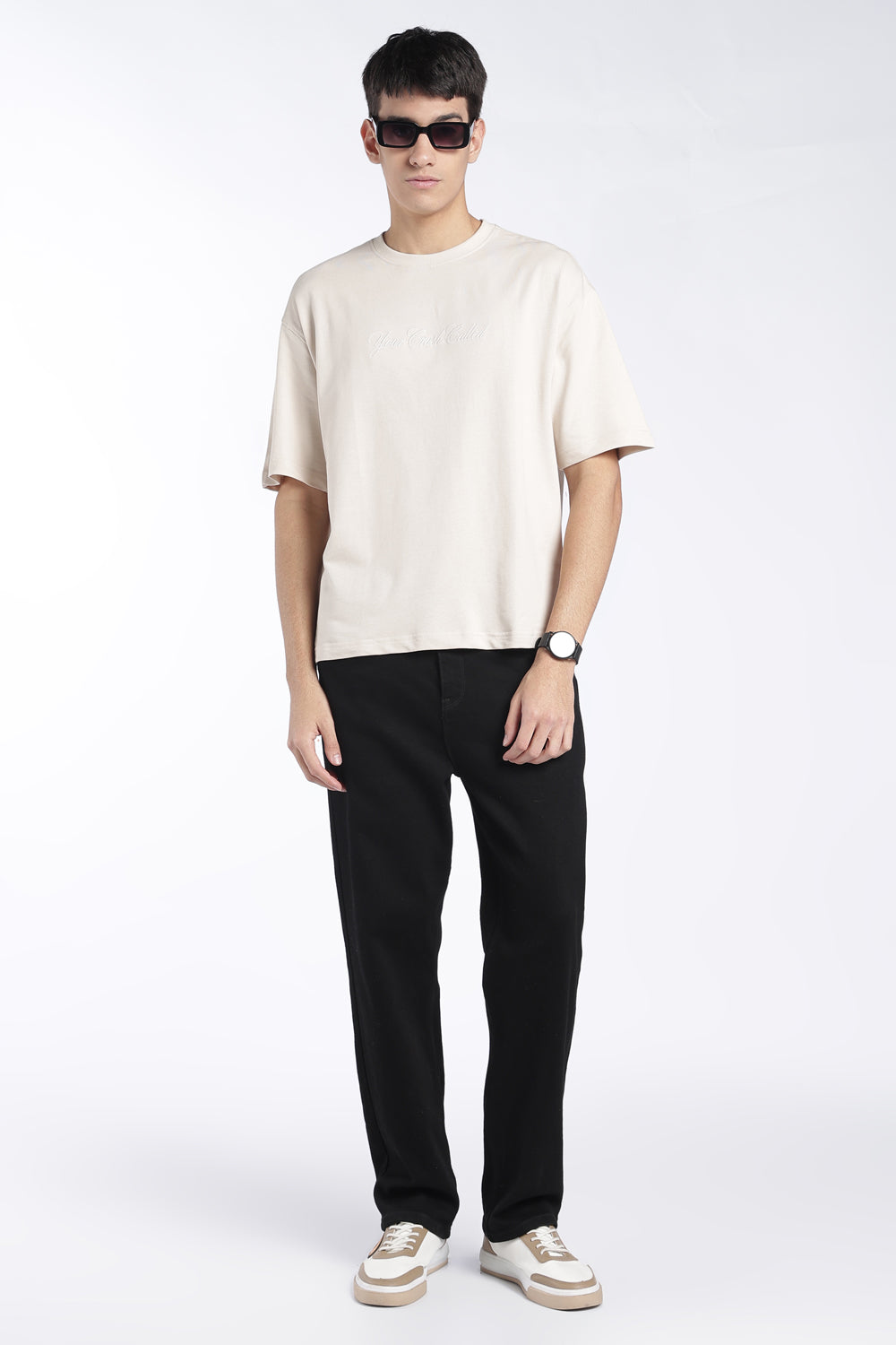 Mens Regular Fit Off White Embroidered T-Shirt - Image 6