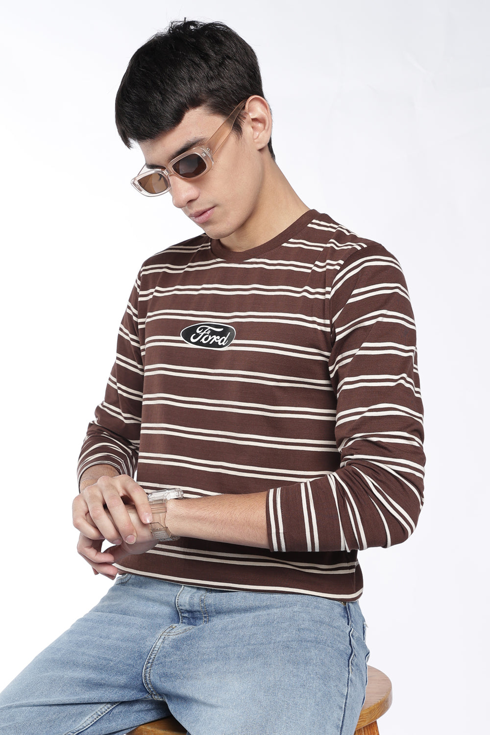 Mens Regular Fit Brown Striped T-Shirt - Image 1