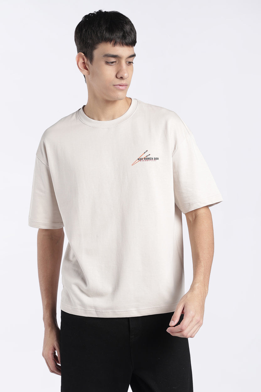 Mens Oversized Beige Graphic Printed T-Shirt - Image 2