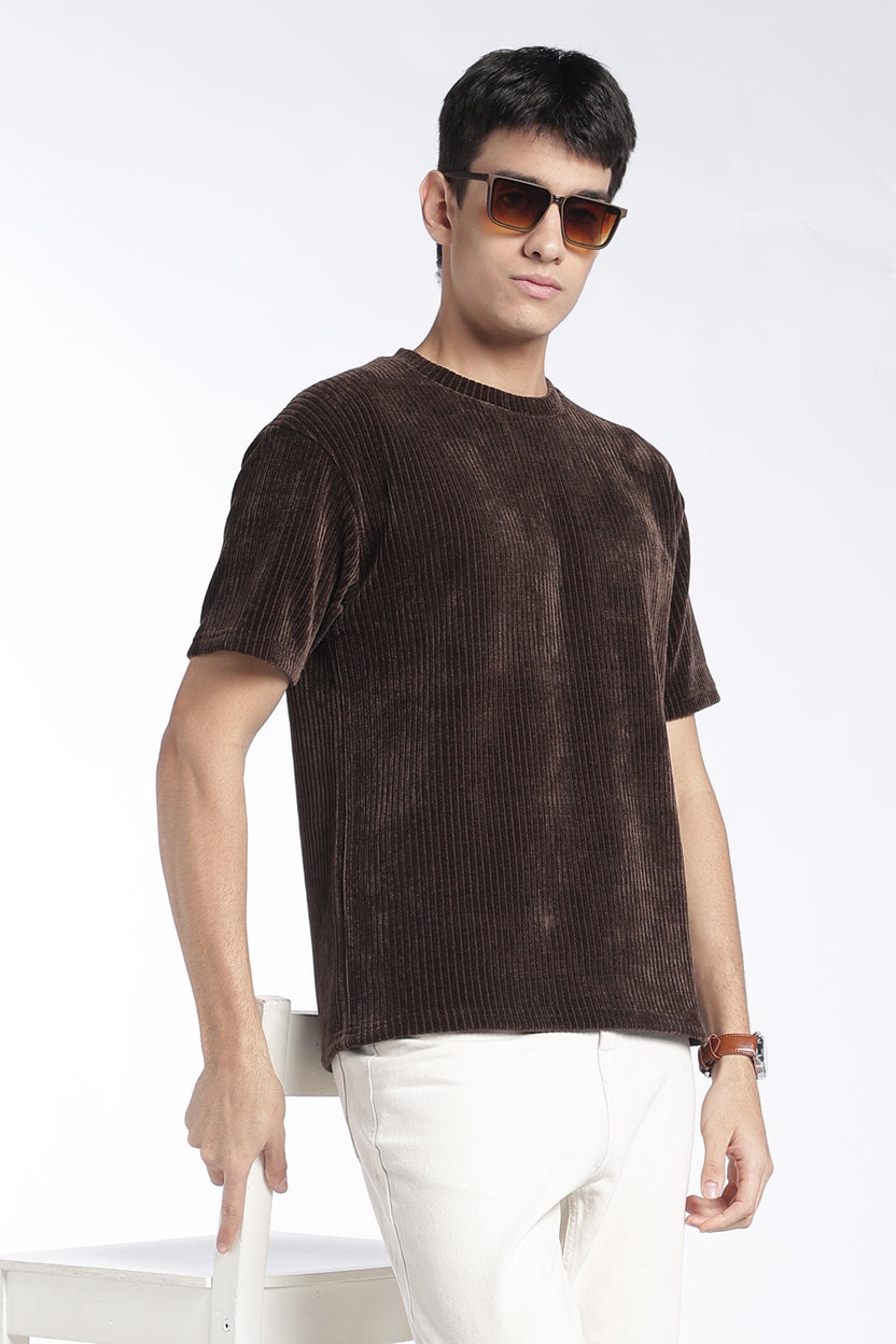 Mens Regular Fit Brown Ribbed T-Shirt - Image 1