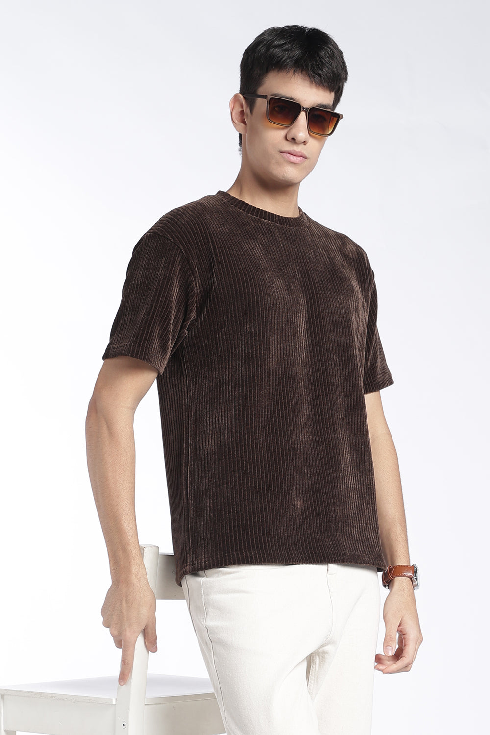 Mens Regular Fit Brown Ribbed T-Shirt - Image 1