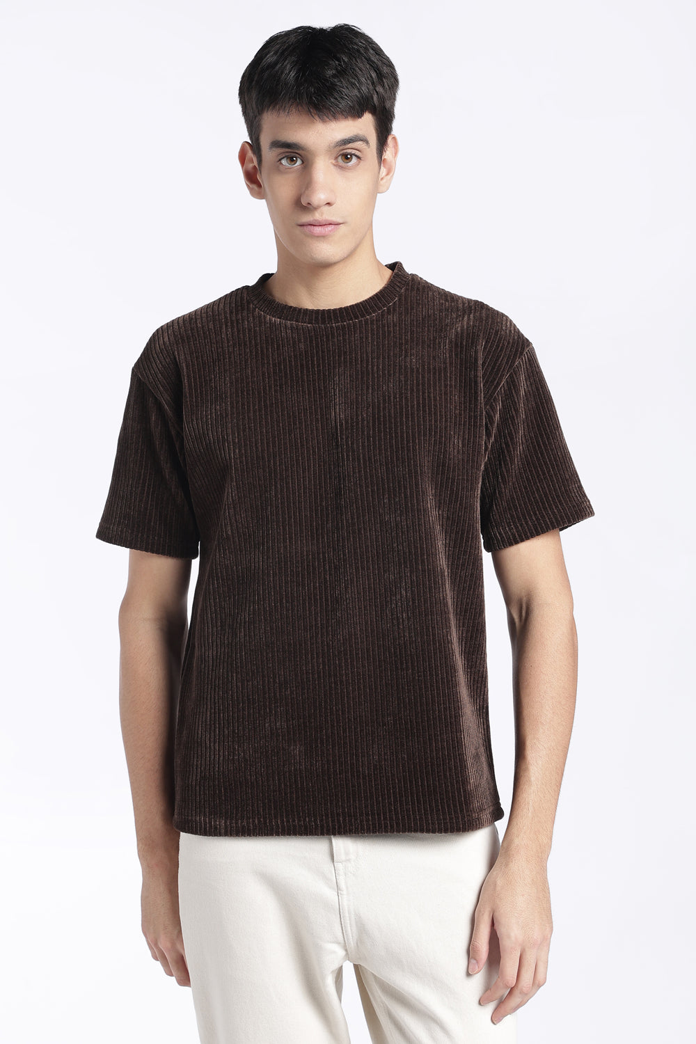 Mens Regular Fit Brown Ribbed T-Shirt - Image 2