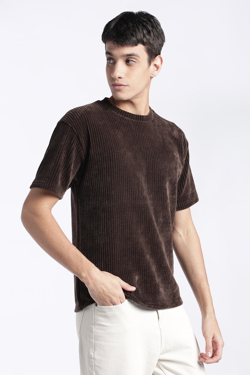 Mens Regular Fit Brown Ribbed T-Shirt - Image 4