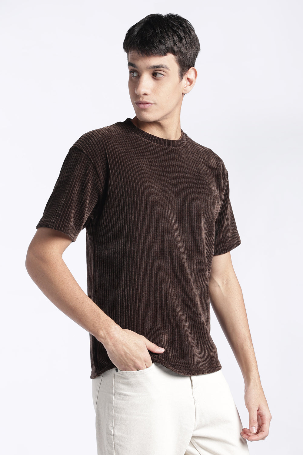 Mens Regular Fit Brown Ribbed T-Shirt - Image 4