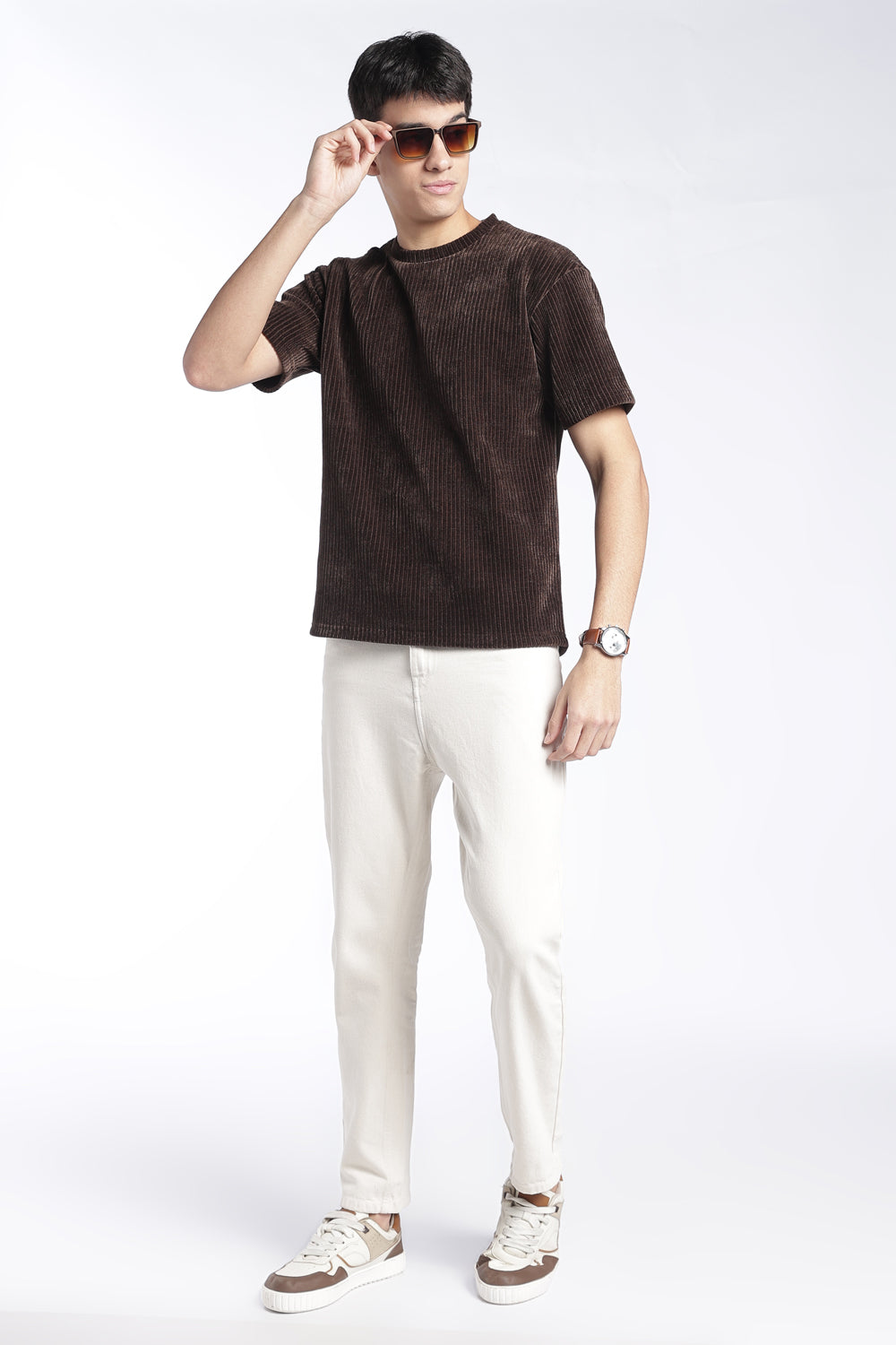 Mens Regular Fit Brown Ribbed T-Shirt - Image 6