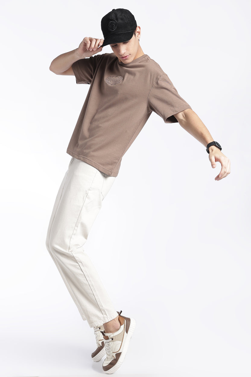 Mens Regular Fit Beige Drop Shoulder Graphic T-Shirt - Image 6