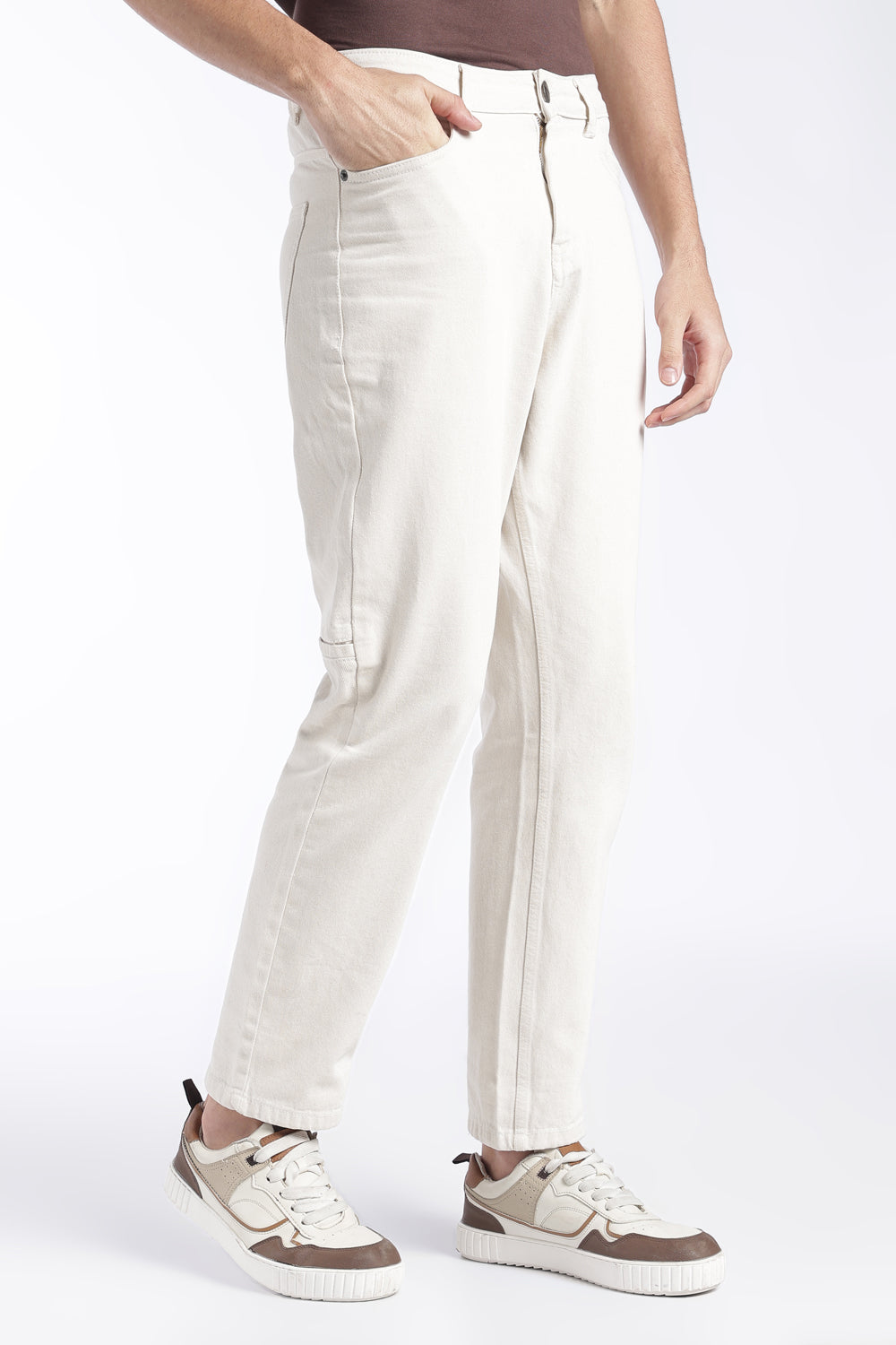 Mens Straight Fit Off White Solid Jeans - Image 4