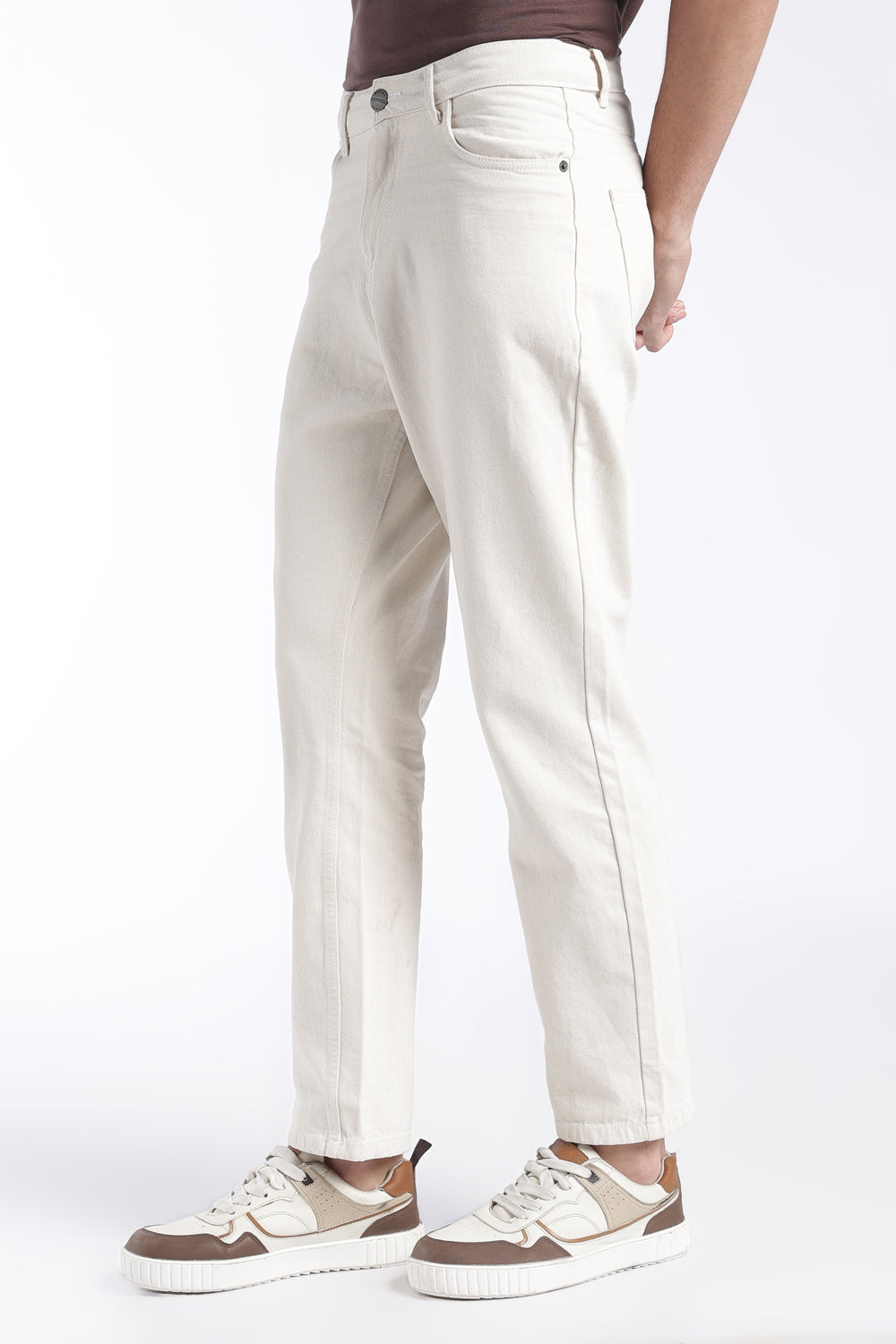 Mens Straight Fit Off White Solid Jeans - Image 5