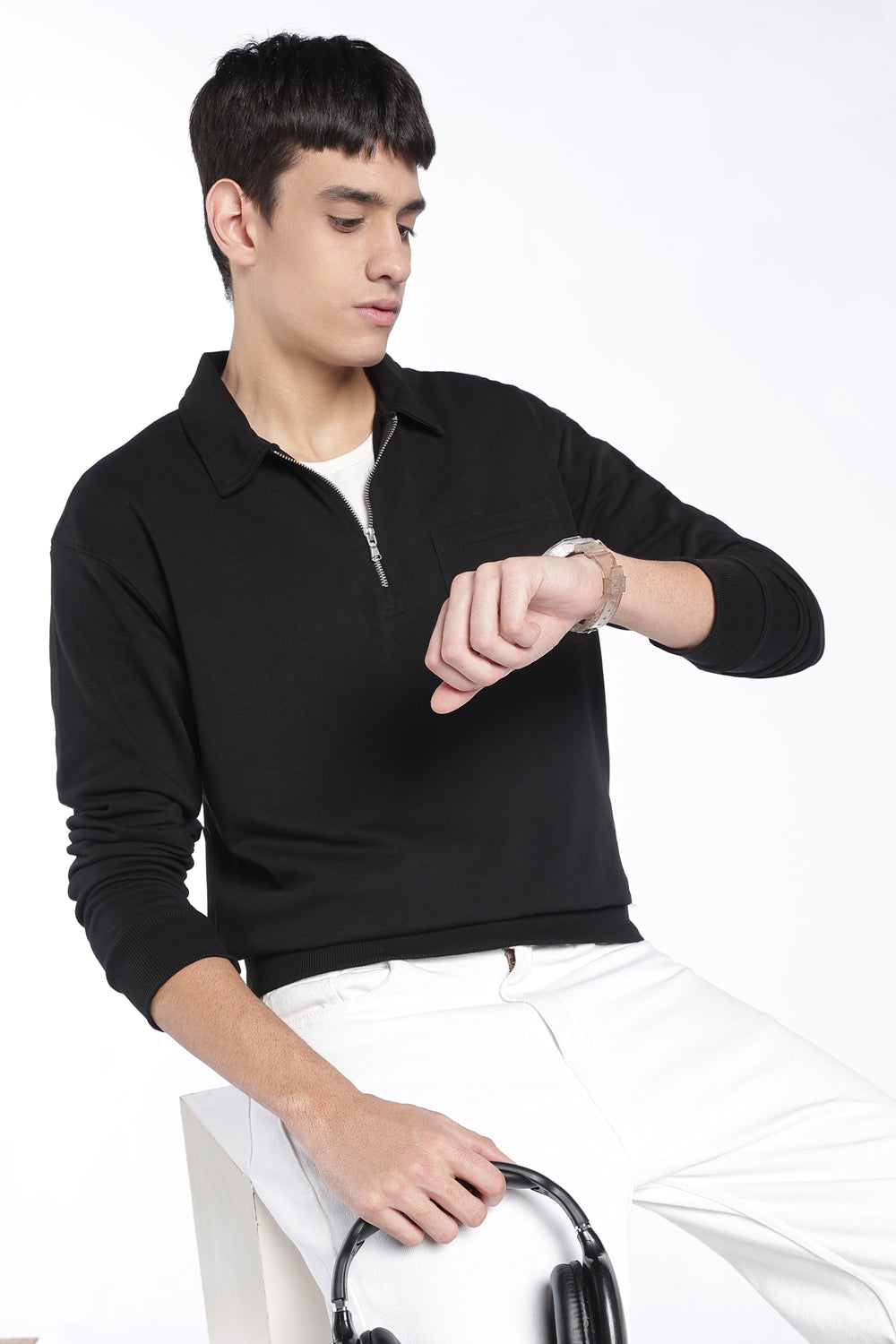 Mens Regular Fit Black Zip Neck Sweatshirt - Image 1