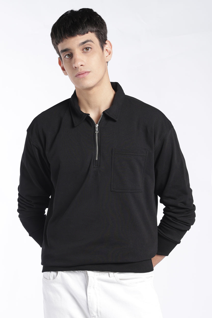 Mens Regular Fit Black Zip Neck Sweatshirt - Image 2