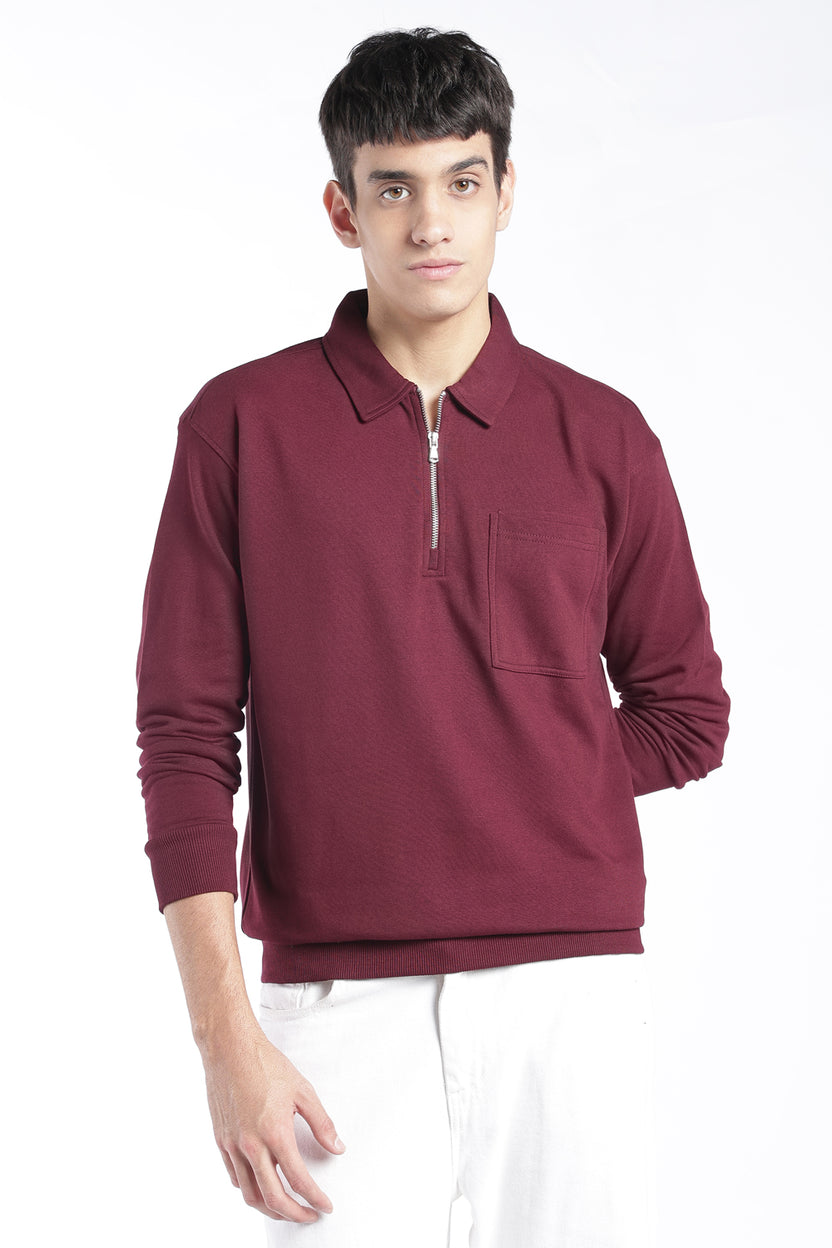 Mens Regular Fit Maroon Zip Neck Sweatshirt - Image 2