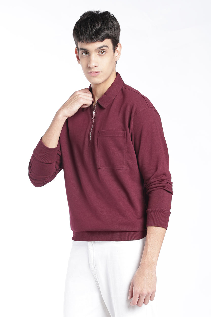Mens Regular Fit Maroon Zip Neck Sweatshirt - Image 4