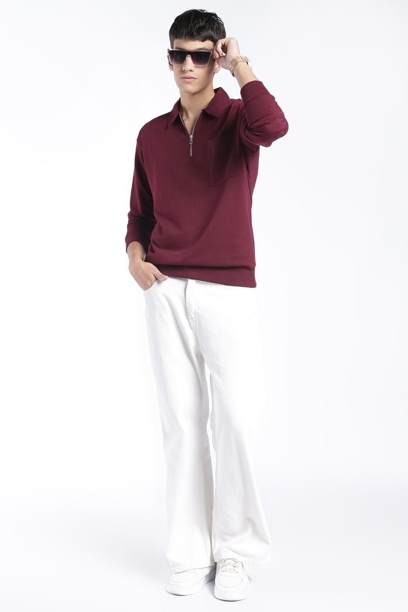 Mens Regular Fit Maroon Zip Neck Sweatshirt - Image 6