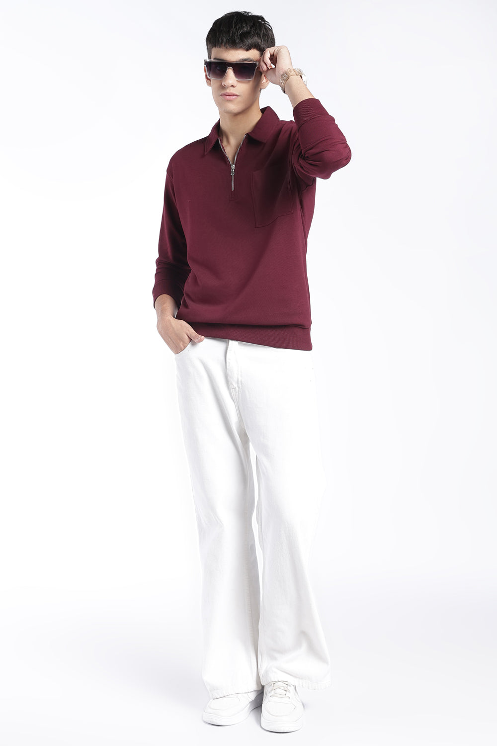 Mens Regular Fit Maroon Zip Neck Sweatshirt - Image 6