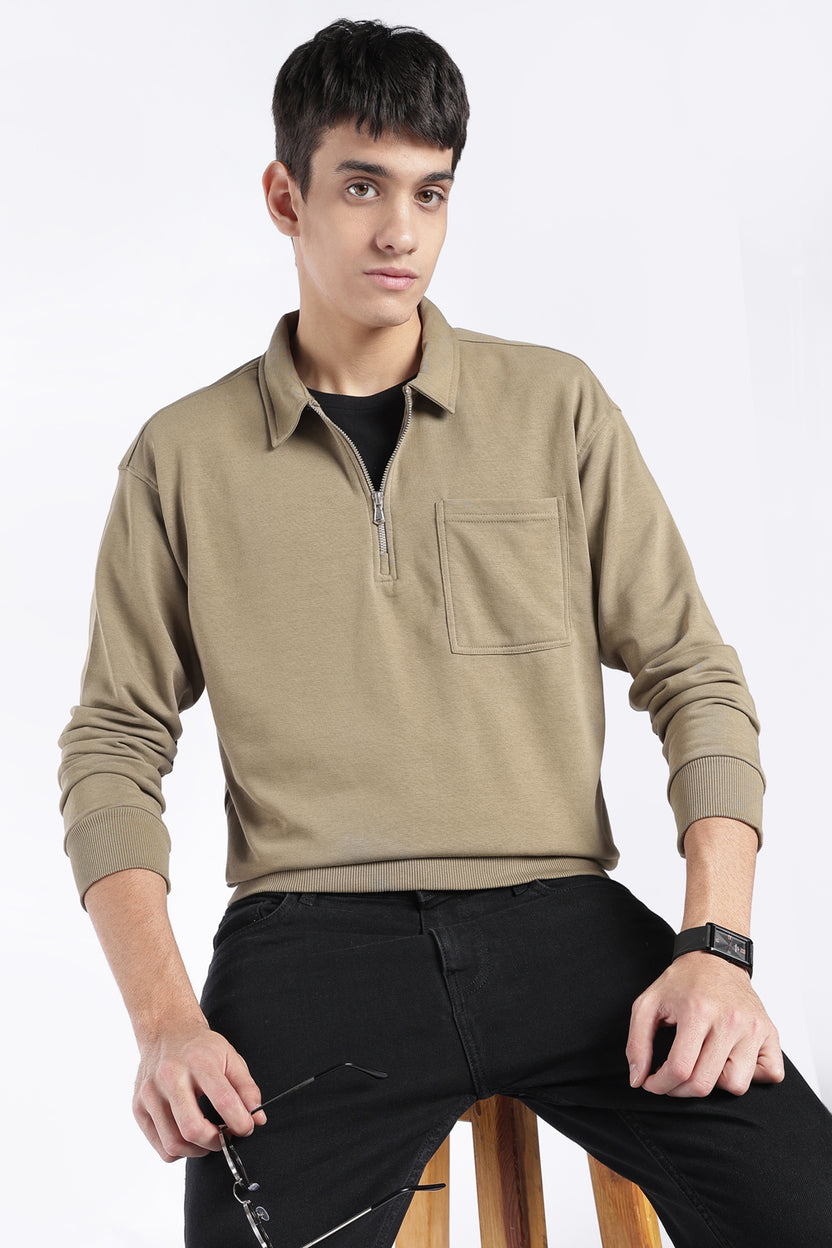 Mens Regular Fit Olive Zip Neck Sweatshirt - Image 1