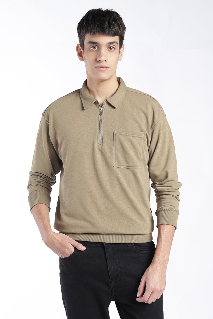 Mens Regular Fit Olive Zip Neck Sweatshirt - Image 2