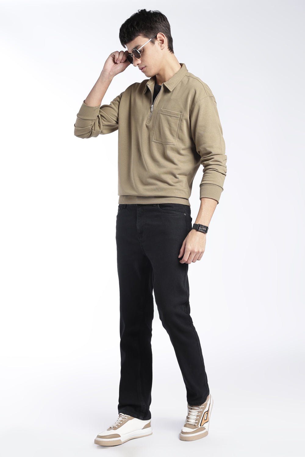Mens Regular Fit Olive Zip Neck Sweatshirt - Image 6