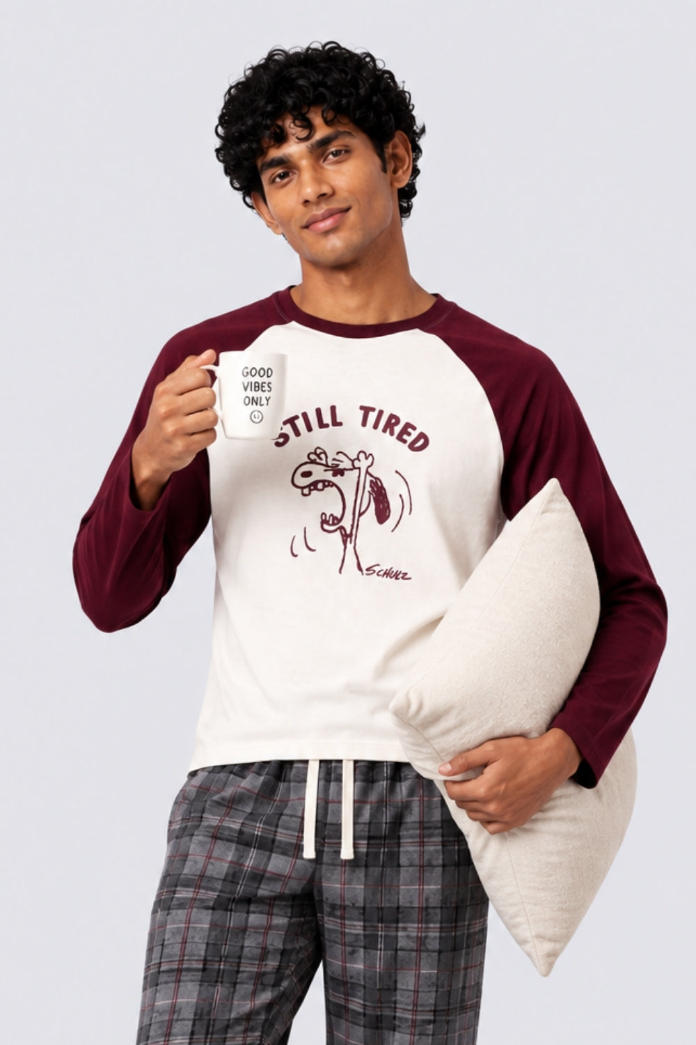 Mens Cream and Maroon Graphic Nightwear T-Shirt - Image 1
