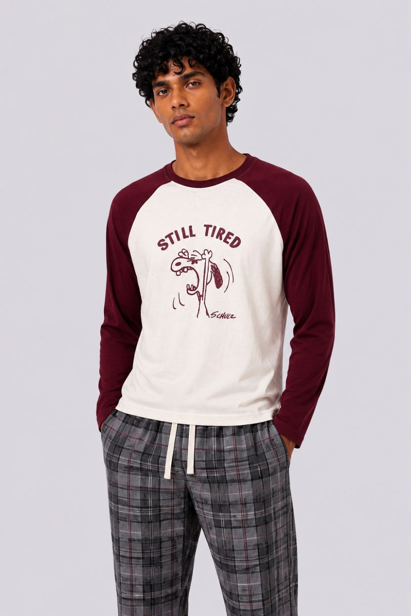 Mens Cream and Maroon Graphic Nightwear T-Shirt - Image 2