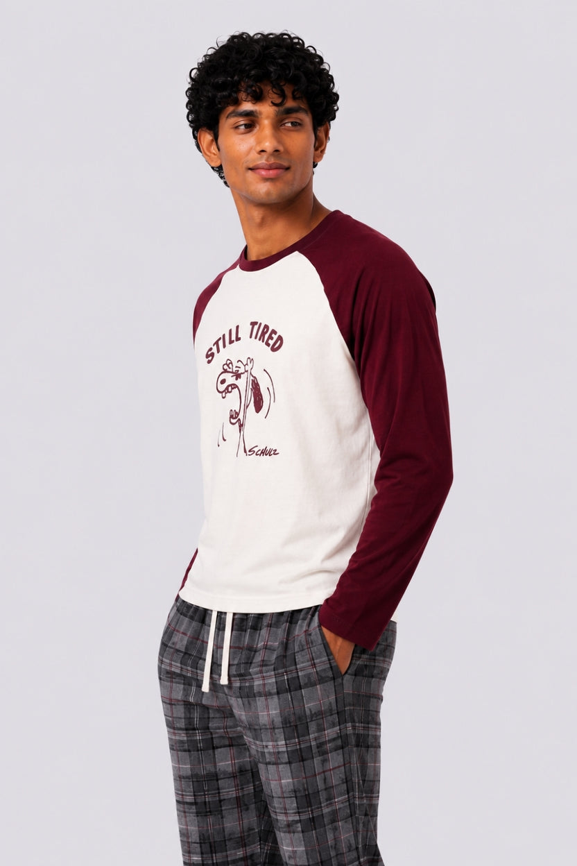 Mens Cream and Maroon Graphic Nightwear T-Shirt - Image 4