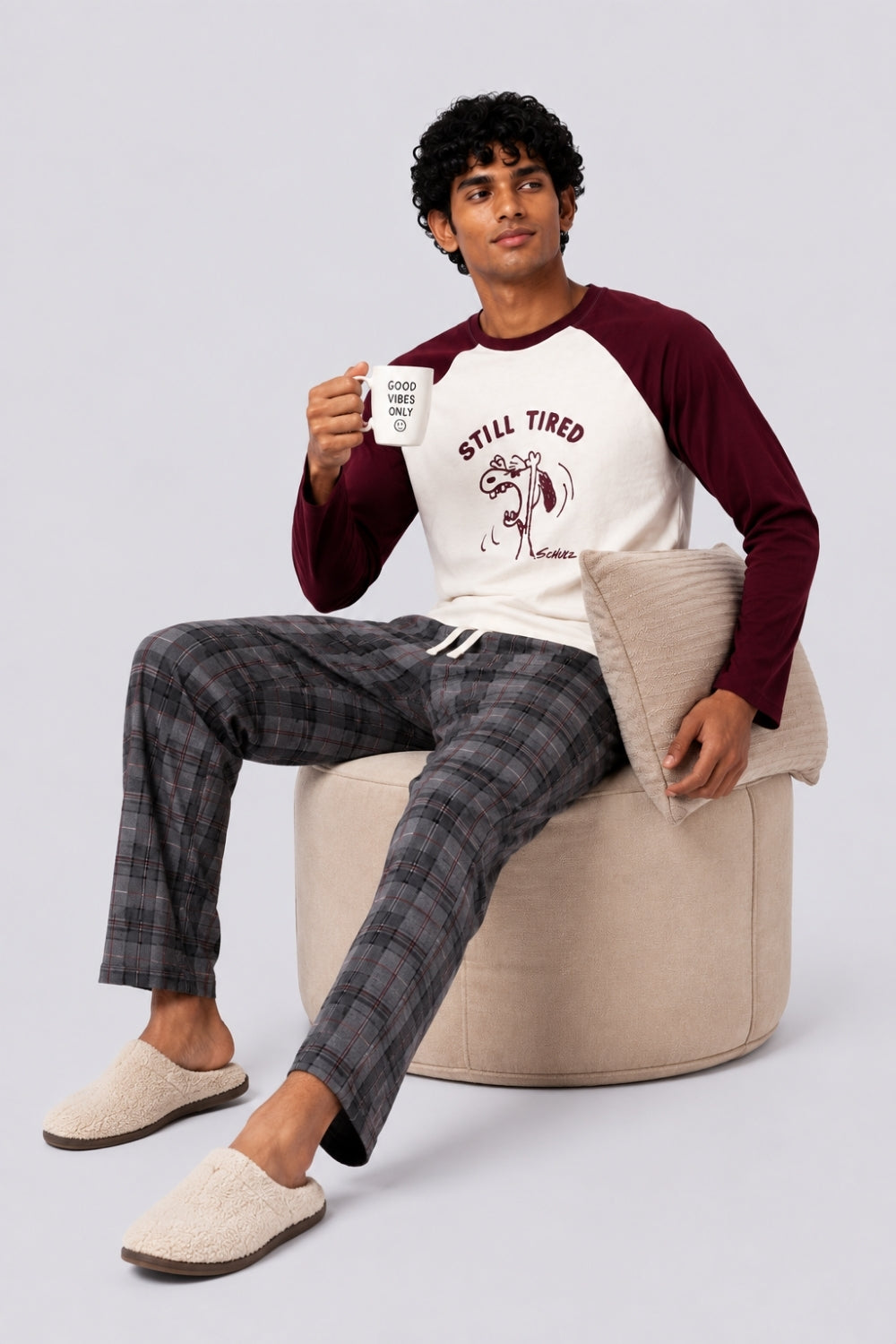 Mens Cream and Maroon Graphic Nightwear T-Shirt - Image 6