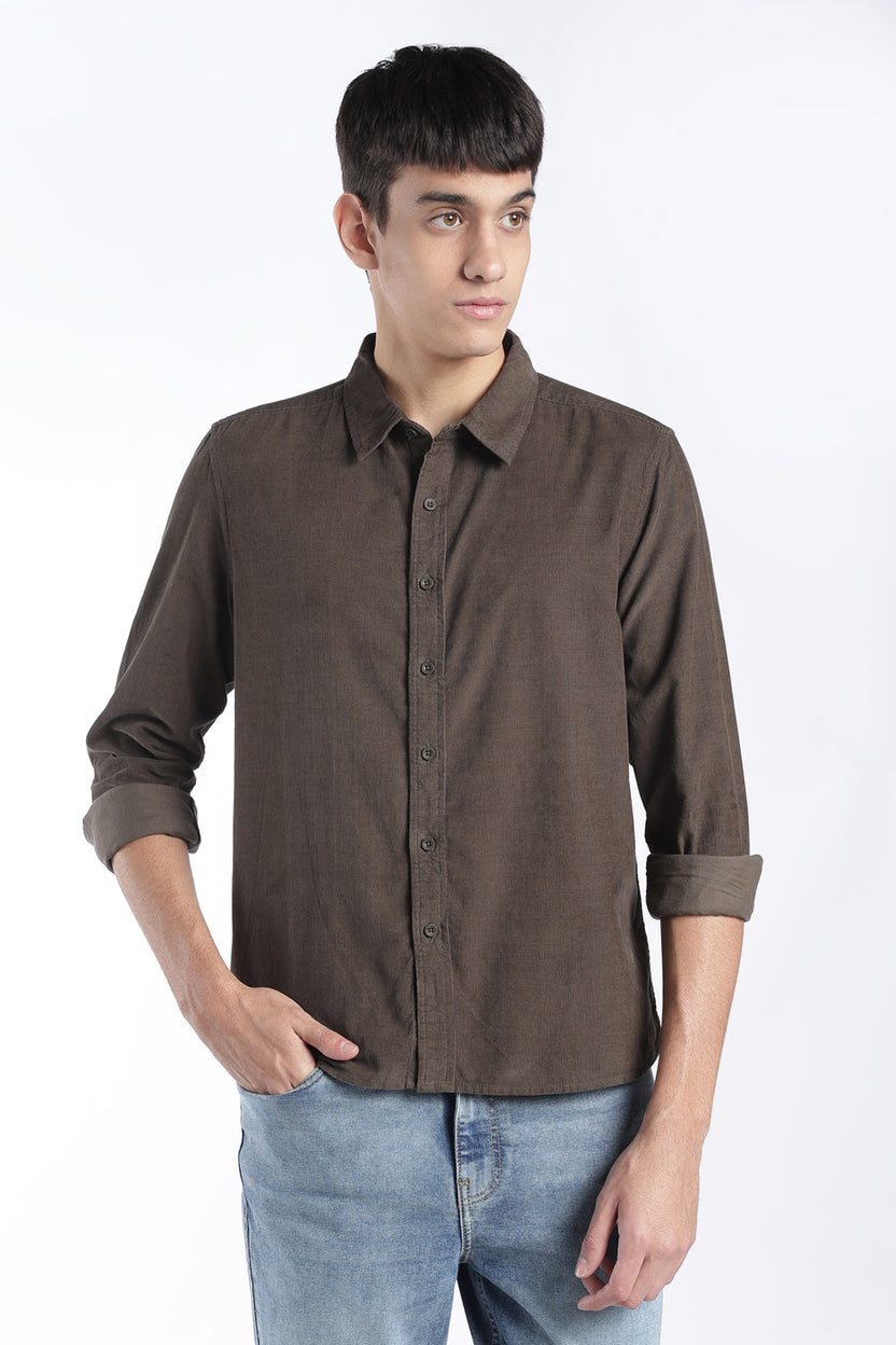 Mens Regular Fit Olive Solid Corduroy Casual Shirt - Image 2