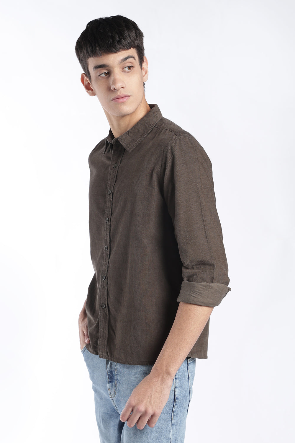 Mens Regular Fit Olive Solid Corduroy Casual Shirt - Image 4