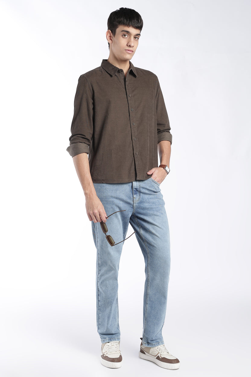 Mens Regular Fit Olive Solid Corduroy Casual Shirt - Image 6