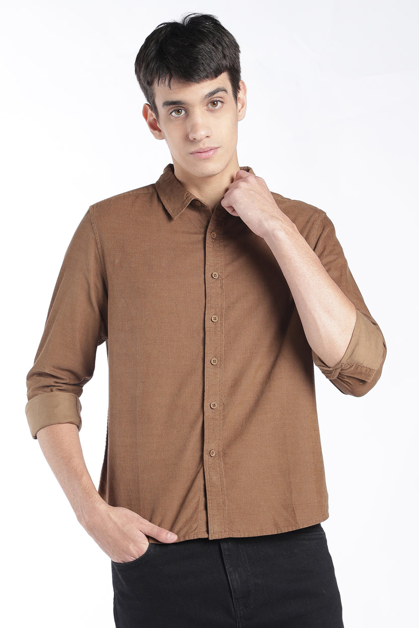 Mens Regular Fit Rust Solid Corduroy Casual Shirt - Image 2