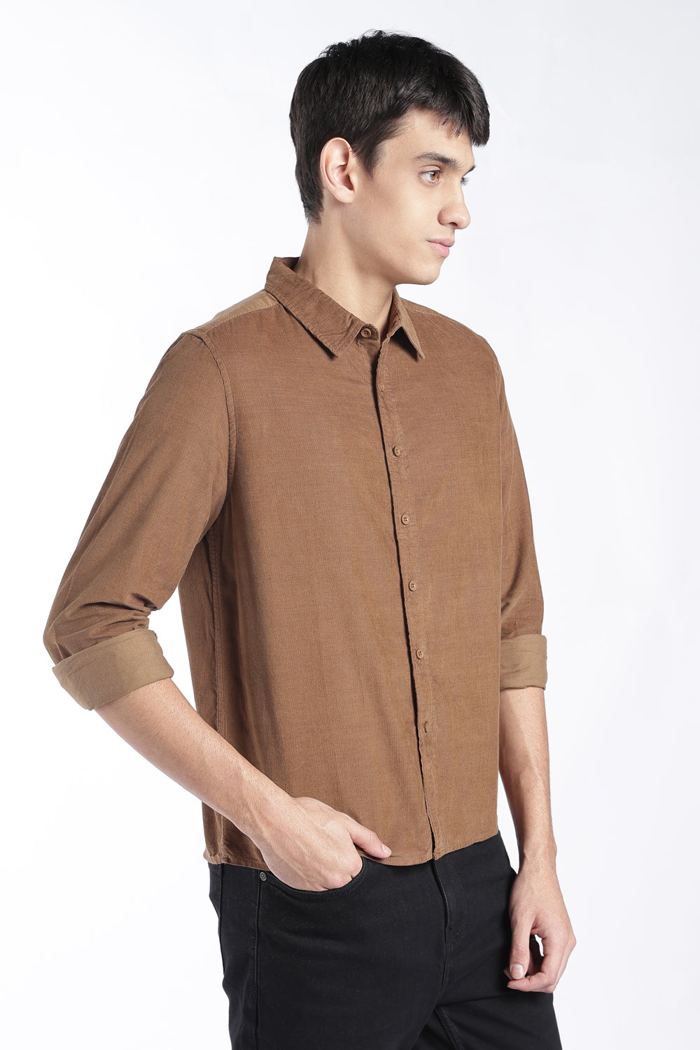 Mens Regular Fit Rust Solid Corduroy Casual Shirt - Image 4