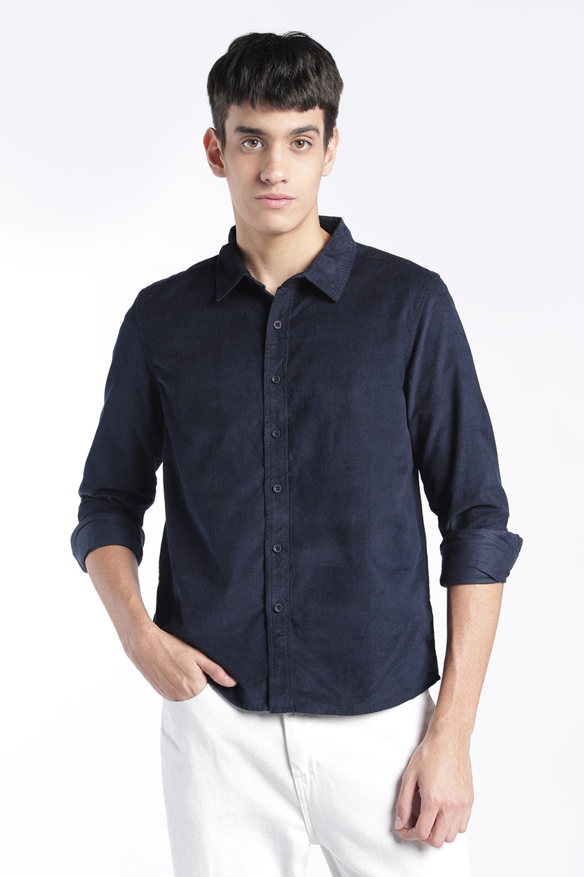 Mens Regular Fit Navy Solid Corduroy Casual Shirt - Image 2