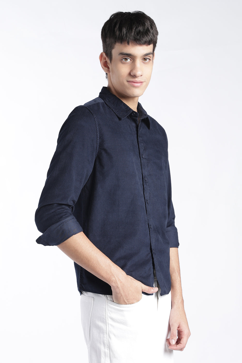 Mens Regular Fit Navy Solid Corduroy Casual Shirt - Image 4