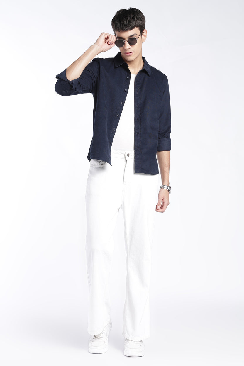 Mens Regular Fit Navy Solid Corduroy Casual Shirt - Image 6