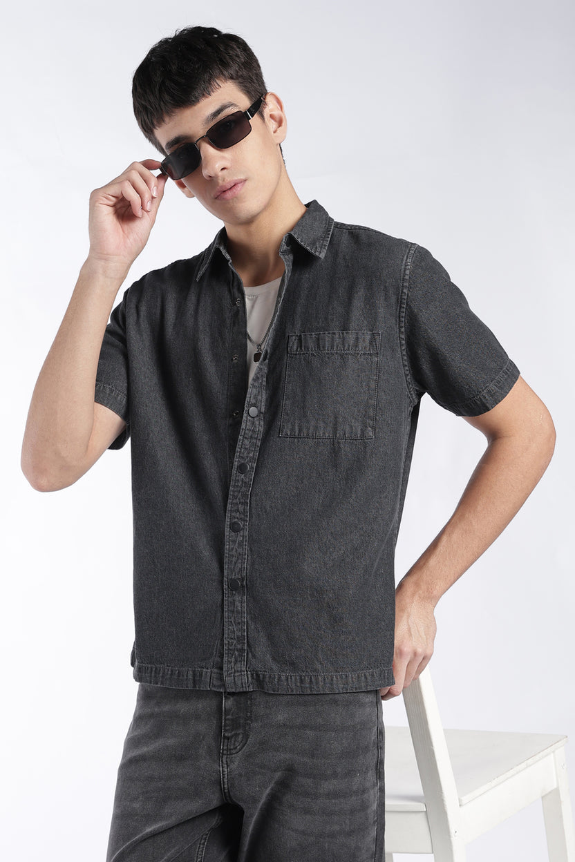 Mens Regular Fit Charcoal Vintage Wash Shirt - Image 1