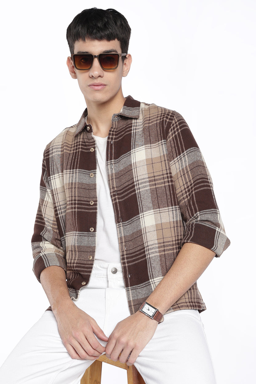 Mens Regular Fit Brown Checked Shirt - Image 1