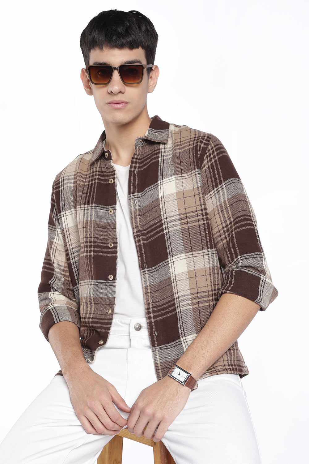 Mens Regular Fit Brown Checked Shirt - Image 1