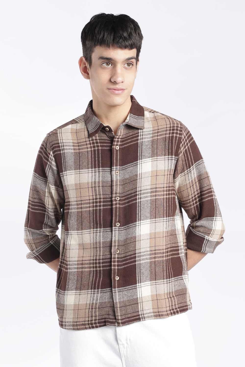 Mens Regular Fit Brown Checked Shirt - Image 2