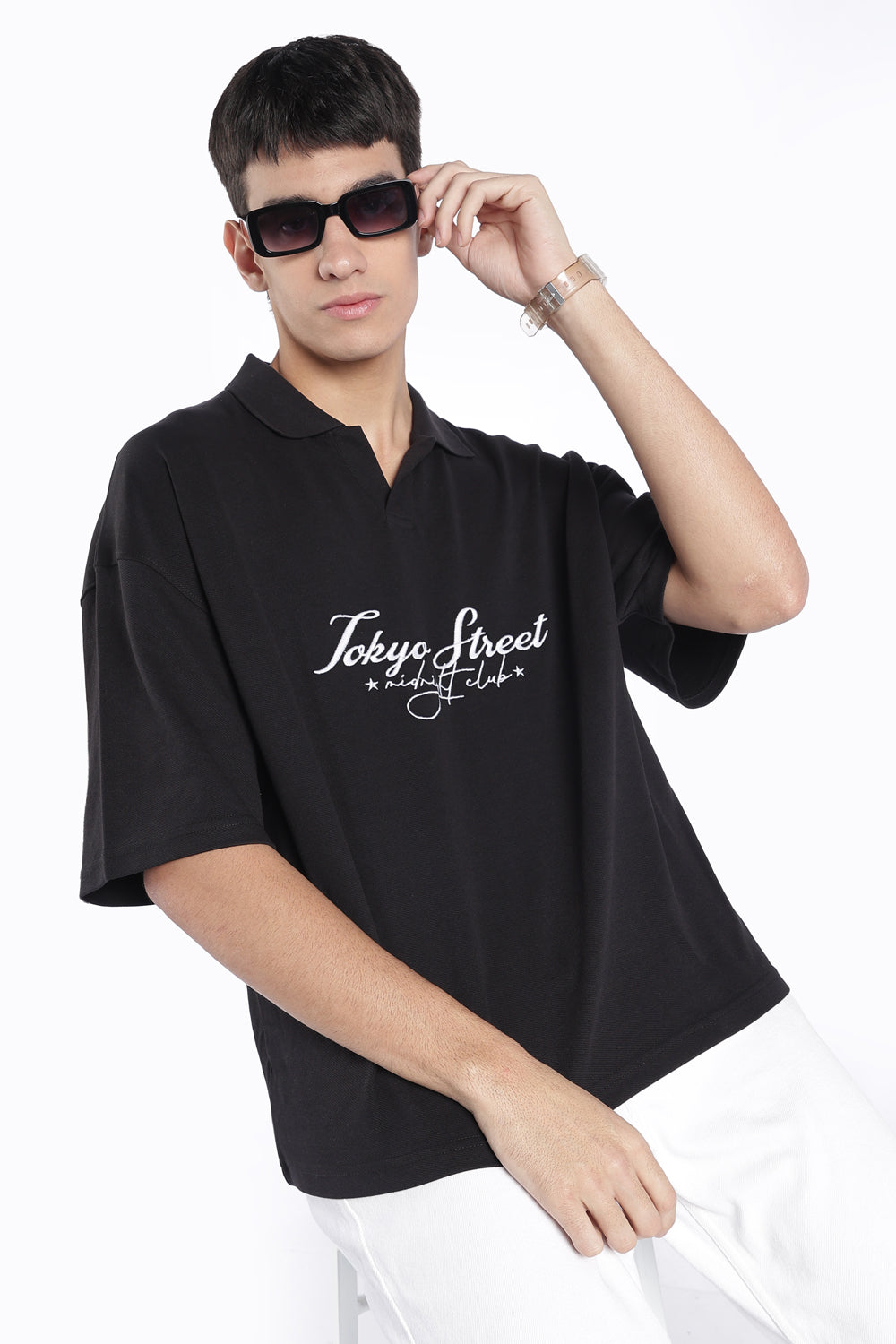 Mens Black Drop Shoulder Embroidery T-Shirt - Image 1