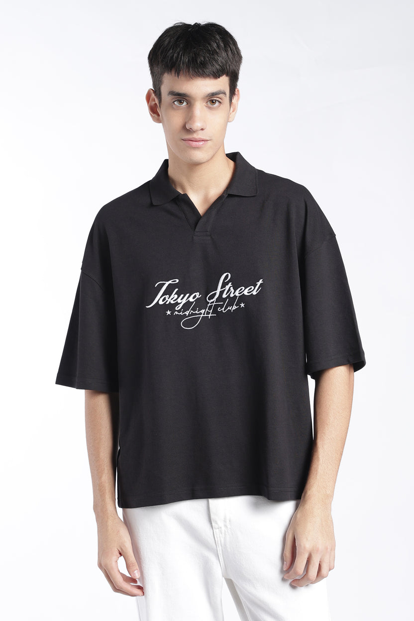 Mens Black Drop Shoulder Embroidery T-Shirt - Image 2
