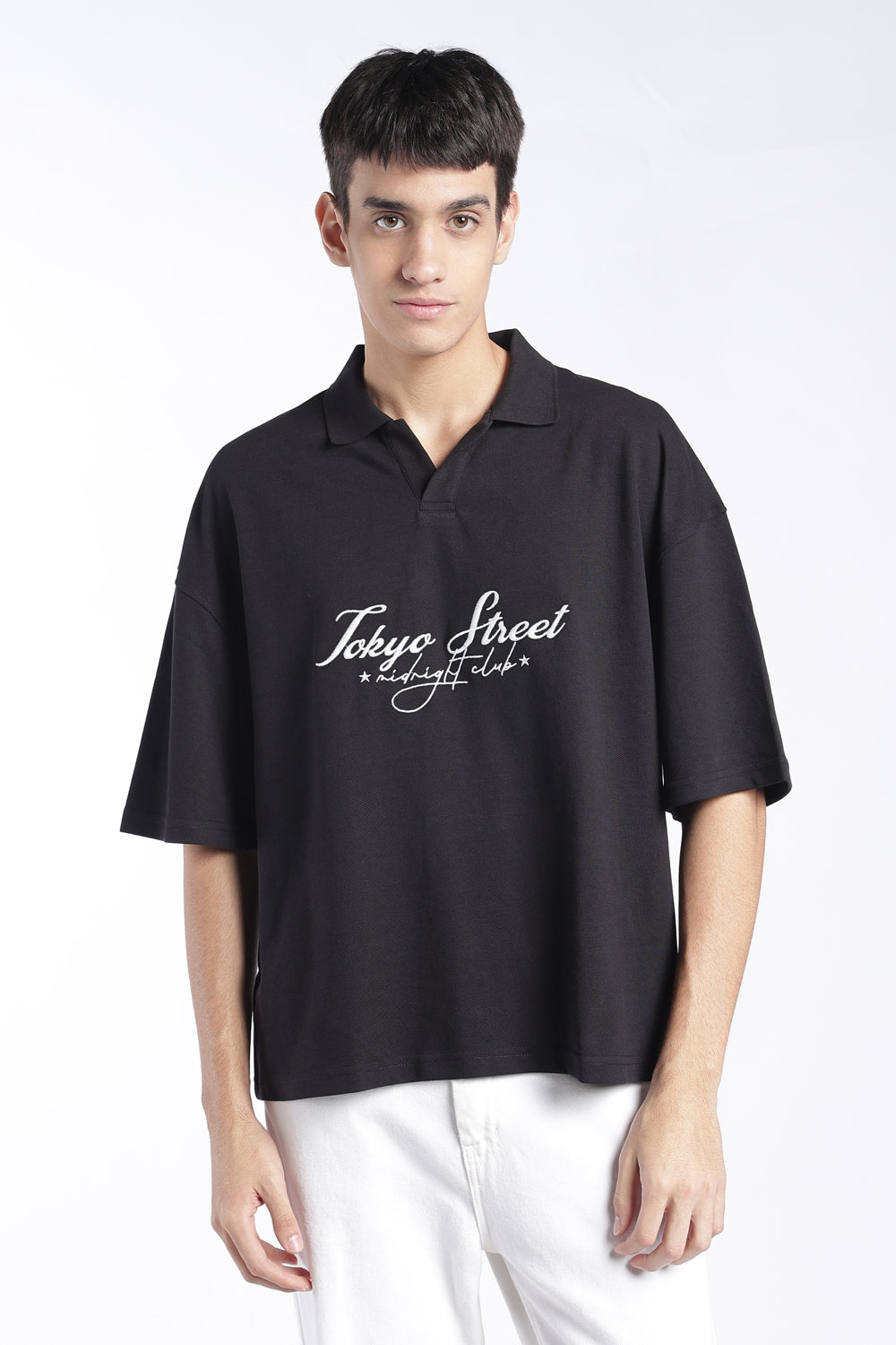 Mens Black Drop Shoulder Embroidery T-Shirt - Image 2
