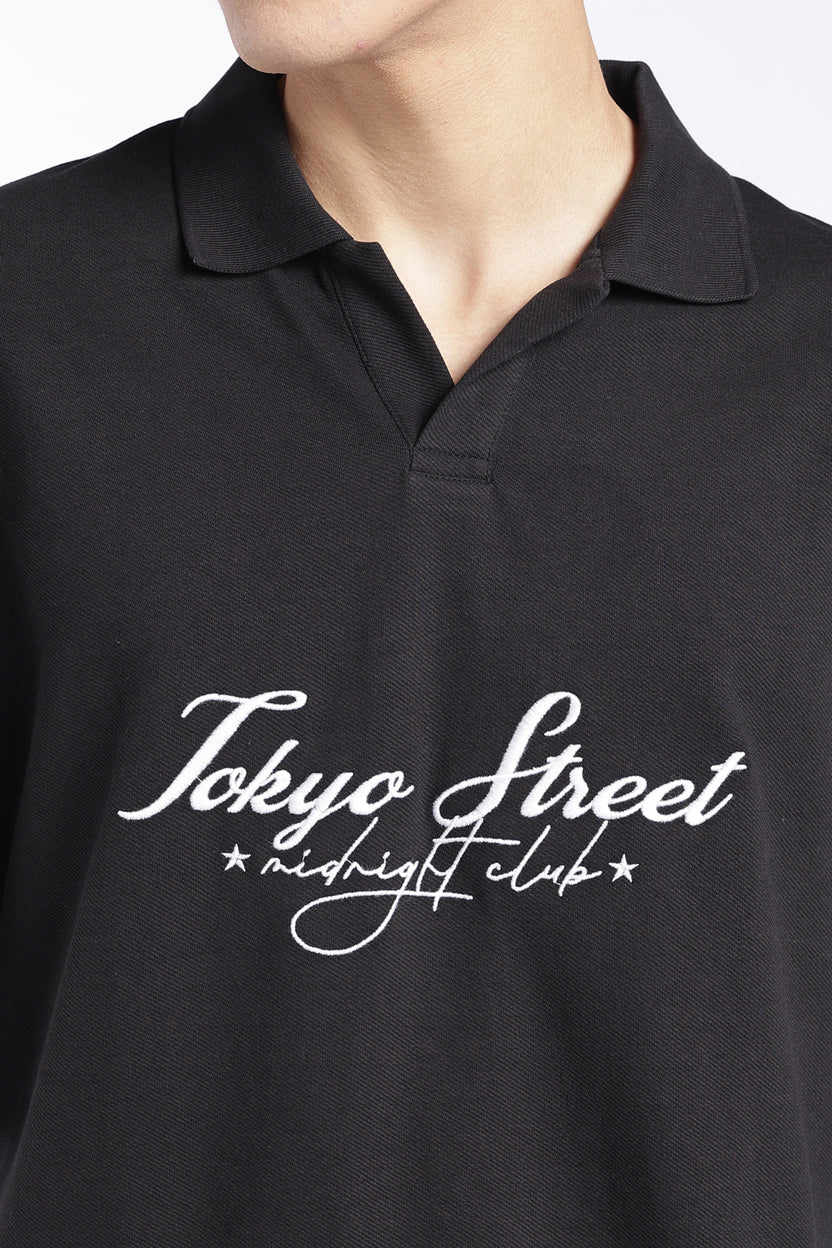 Mens Black Drop Shoulder Embroidery T-Shirt - Image 3