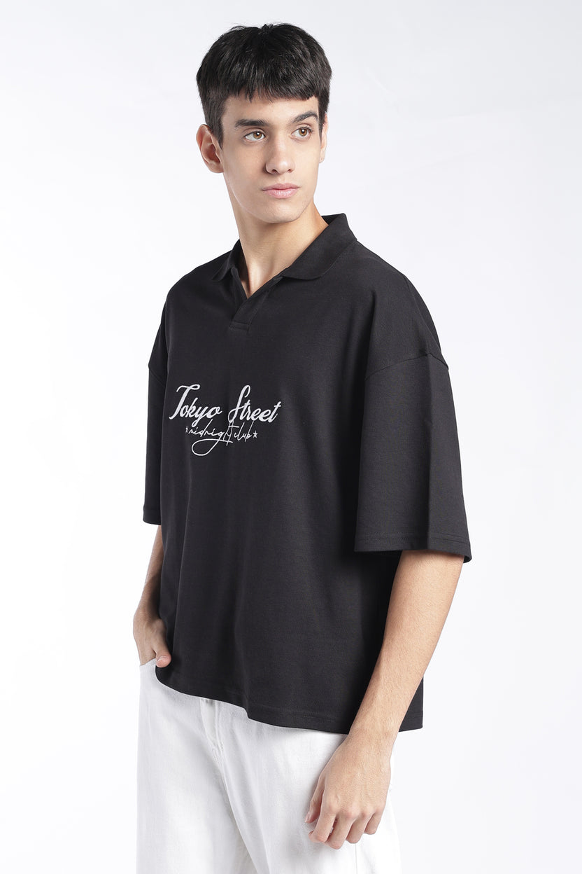 Mens Black Drop Shoulder Embroidery T-Shirt - Image 4