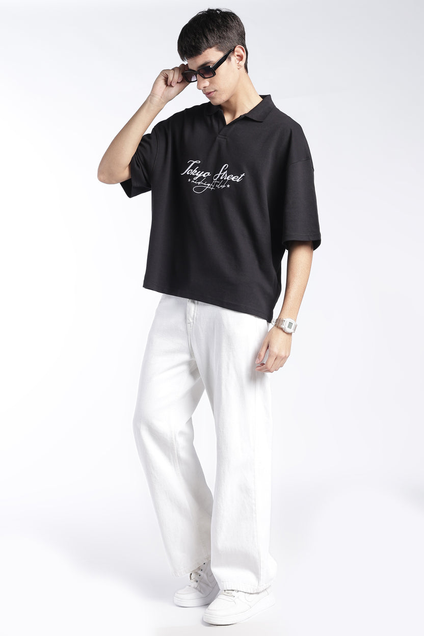 Mens Black Drop Shoulder Embroidery T-Shirt - Image 6